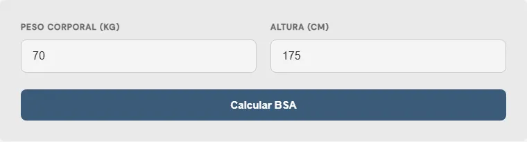 Captura de pantalla de la Calculadora de área de superficie corporal (BSA) Avanzada interactiva