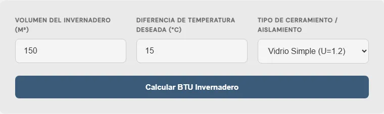 Captura de pantalla de la Calculadora de BTU de calefacción para invernaderos interactiva