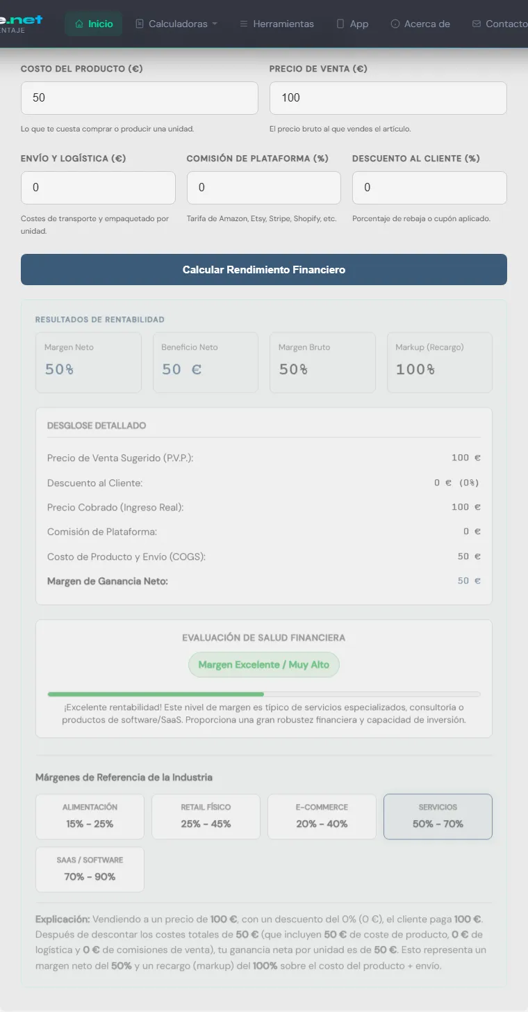 Captura de pantalla de la Calculadora de Margen de Beneficio Avanzada interactiva