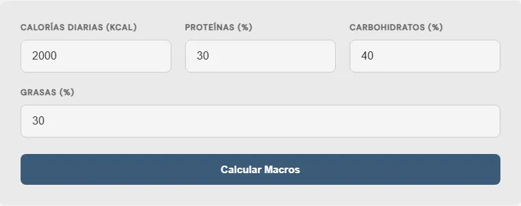 Captura de pantalla de la Calculadora de porcentaje de macronutrientes Avanzada interactiva