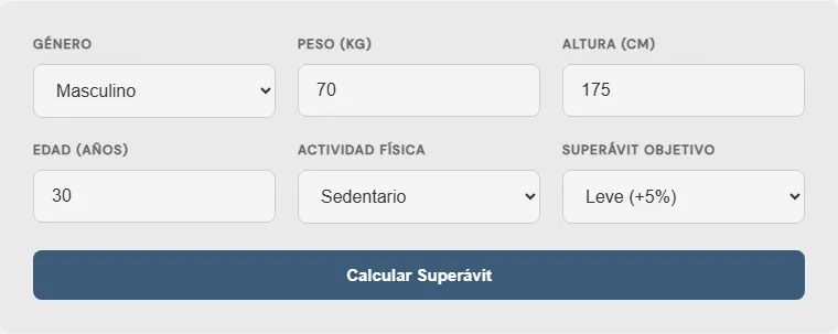 Captura de pantalla de la Calculadora de superávit calórico para ganar músculo Avanzada interactiva