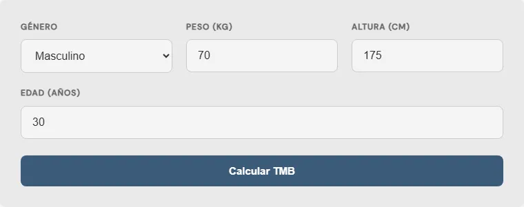 Captura de pantalla de la Calculadora de tasa metabólica basal (TMB) Avanzada interactiva