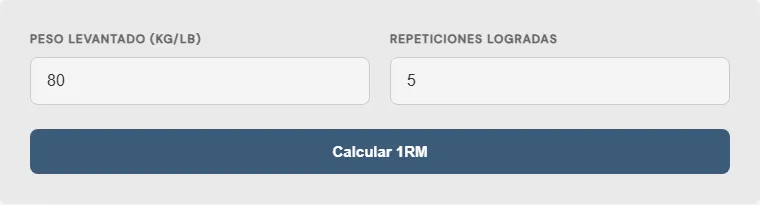 Captura de pantalla de la Calculadora de una repetición máxima (1RM) Avanzada interactiva